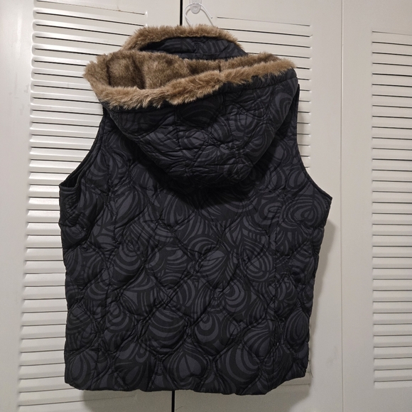EDDIE BAUER Goose Down Faux Fur Collar Women's Puffer Vest Black Swirl Size XL - Picture 2 of 7
